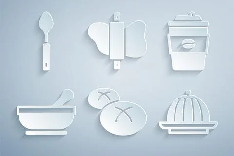 Set Bread loaf, Coffee cup to go, Mortar and pestle, Pudding custard, Rolling Stock Illustration