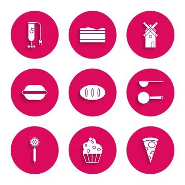Set Bread loaf, Cupcake, Slice of pizza, Measuring spoon, Strainer, Macaron Stock Illustration