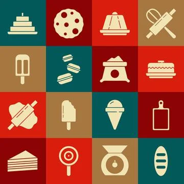Set Bread loaf, Cutting board, Cake, Pudding custard, Macaron cookie, Ice cream Stock Illustration