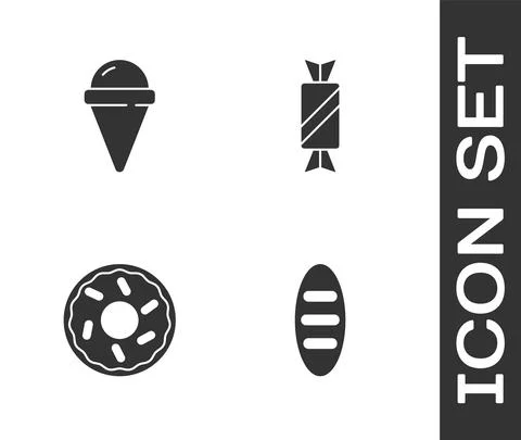 Set Bread loaf, Ice cream in waffle cone, Donut and Candy icon. Vector イラスト素材