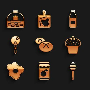 Set Bread loaf, Jam jar, Honey dipper stick, Cake, Scrambled eggs, Lollipop Stock Illustration