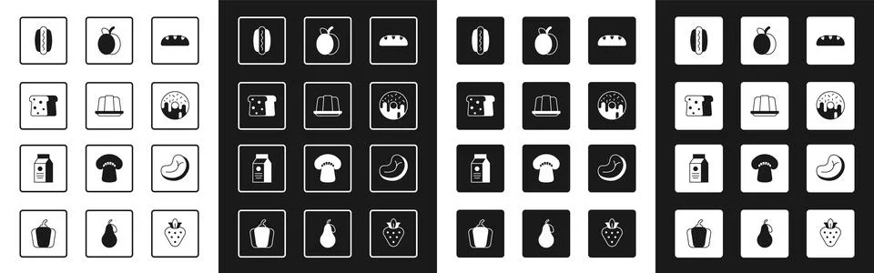 Set Bread loaf, Jelly cake, toast, Hotdog, Donut, Plum fruit, Steak meat and Stock Illustration