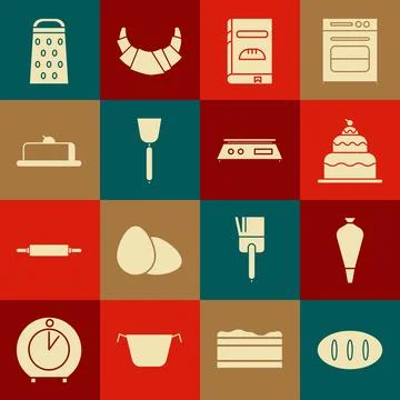 Set Bread loaf, Pastry bag for decorate cakes, Cake, Cookbook, Spatula, Str.. Stock Illustration