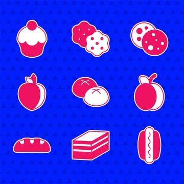 Set Bread loaf, Piece of cake, Hotdog, Plum fruit, Cookie with chocolate and Stock Illustration