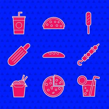 Set Bread loaf, Pizza, Cocktail, Grilled shish kebab, Asian noodles and chops Stock Illustration