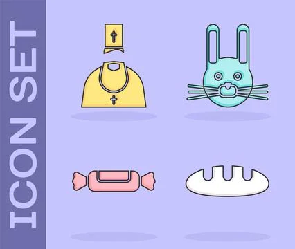 Set Bread loaf, Priest, Candy and Easter rabbit icon. Vector Stock Illustration