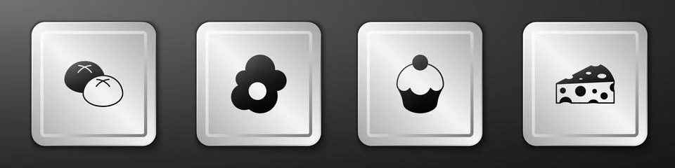 Set Bread loaf, Scrambled egg, Muffin and Cheese icon. Silver square button.  Stock Illustration