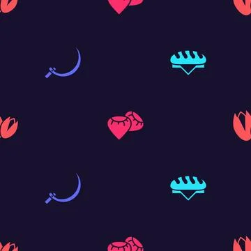 Set Bread loaf, Sickle, Seed and Pistachio nuts on seamless pattern. Vector Stock Illustration