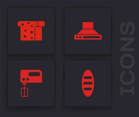 Set Bread loaf, toast, Kitchen extractor fan and Electric mixer icon. Vector 스톡 일러스트