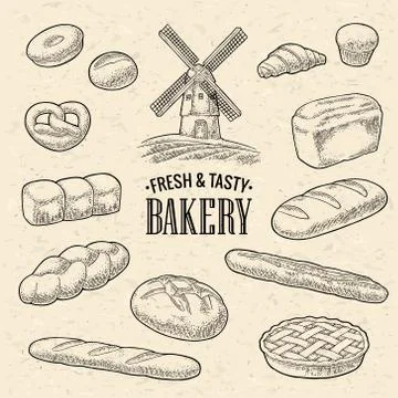 Set bread. Mill on wheat field. Vector black vintage engraving Stock Illustration
