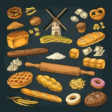 Set bread. Mill on wheat field. Vector color and black vintage engraving Illustrazione stock