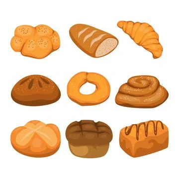 Set of bread set collection. Fresh baking bakery. Rye, whole grain and whea.. Stock Illustration