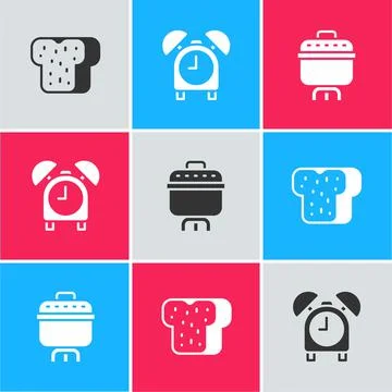 Set Bread toast, Alarm clock and Cooking pot icon. Vector Illustrazione stock