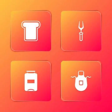 Set Bread toast, Barbecue fork, Jam jar and Kitchen apron icon. Vector Illustrazione stock