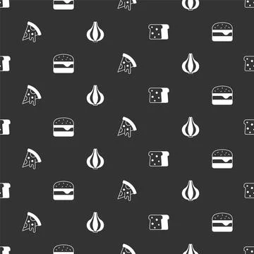 Set Bread toast, Burger, Slice of pizza and Garlic on seamless pattern. Vector 스톡 일러스트