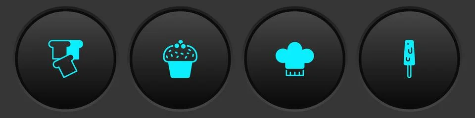 Set Bread toast, Cake, Chef hat and Ice cream icon. Vector Stock Illustration