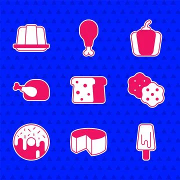 Set Bread toast, Cheese, Ice cream, Cracker biscuit, Donut, Roasted turkey or Stock-Illustration