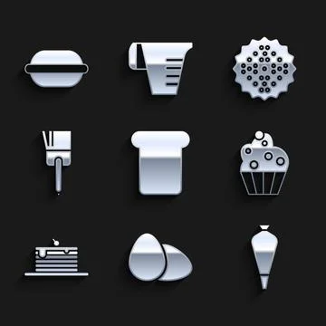 Set Bread toast, Chicken egg, Pastry bag for decorate cakes, Cupcake, Stack of Stock Illustration