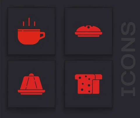 Set Bread toast, Coffee cup, Homemade pie and Pudding custard icon. Vector Illustrazione stock