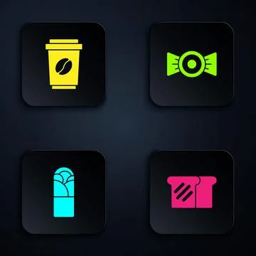 Set Bread toast, Coffee cup go, Doner kebab and Candy. Black square button Illustrazione stock