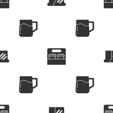 Set Bread toast, Coffee cup go and Wooden beer mug on seamless pattern. Vector Stock Illustration