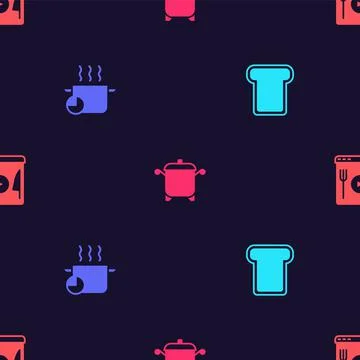Set Bread toast, Cooking pot, and live streaming on seamless pattern. Vector Stock Illustration