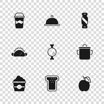 Set Bread toast, Cooking pot, Plum fruit, Chicken leg, Candy, Coffee cup go.. Ilustração Stock