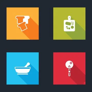 Set Bread toast, Cutting board, Mortar and pestle and Lollipop icon. Vector Illustrazione stock