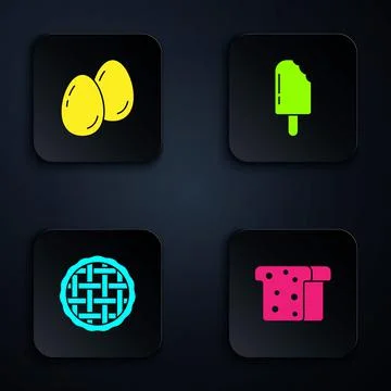 Set Bread toast, Easter eggs, Homemade pie and Ice cream. Black square button Illustrazione stock