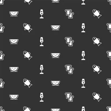 Set Bread toast, Fish, Watermelon and Wine glass on seamless pattern. Vector Stock Illustration