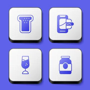 Set Bread toast, Food ordering on mobile, Wine glass and Jam jar icon. White Stock Illustration