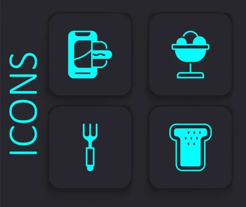 Set Bread toast, Food ordering on mobile, Ice cream the bowl and Fork icon Stock Illustration