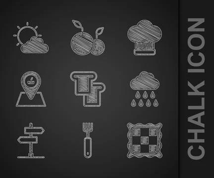 Set Bread toast, Fork, Checkered napkin, Cloud with rain, Road traffic sign Illustrazione stock
