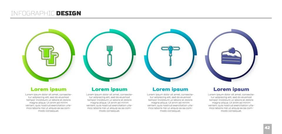 Set Bread toast, Fork, Wine corkscrew and Piece of cake. Business infographic Stock Illustration