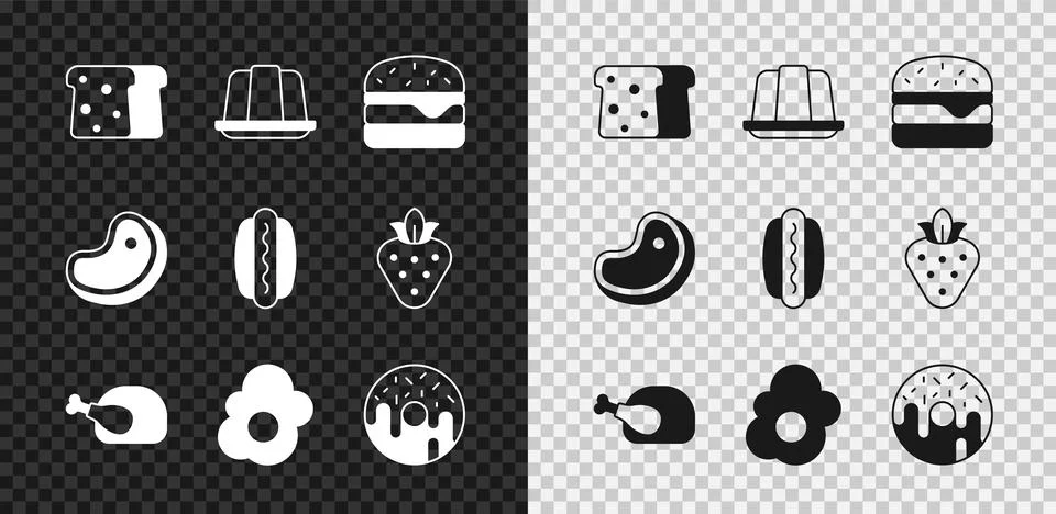 Set Bread toast, Jelly cake, Burger, Roasted turkey or chicken, Scrambled e.. Stock Illustration