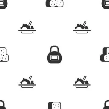 Set Bread toast, Kettlebell and Healthy food on seamless pattern. Vector 스톡 일러스트