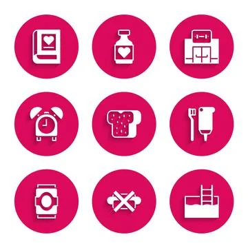 Set Bread toast, No junk food, Swimming pool with ladder, Toothbrush and to.. Stock Illustration