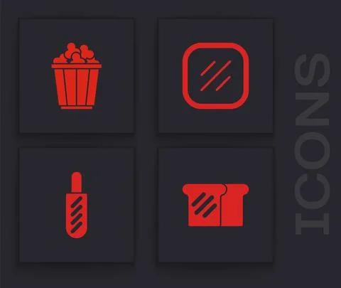 Set Bread toast, Popcorn in box, Steak meat and Hotdog sandwich icon. Vector 스톡 일러스트