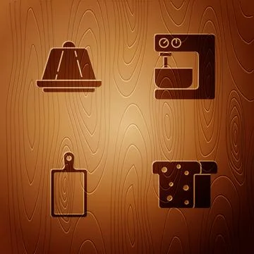 Set Bread toast, Pudding custard, Cutting board and Electric mixer on wooden Illustrazione stock