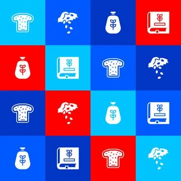 Set Bread toast, Seed, Bag of flour and Book about seeds icon. Vector Stock Illustration