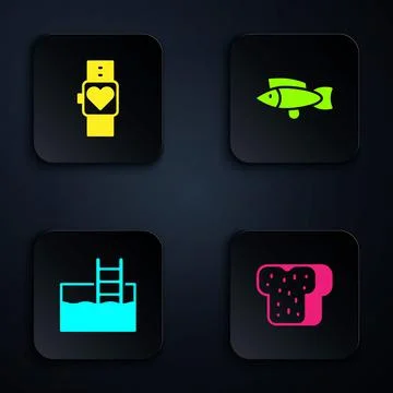 Set Bread toast, Smart watch, Swimming pool with ladder and Fish. Black square Stock Illustration