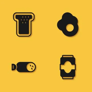Set Bread toast, Soda can, Salami sausage and Scrambled egg icon with long Stock Illustration