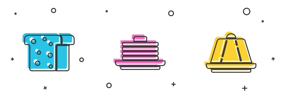 Set Bread toast, Stack of pancakes and Pudding custard icon. Vector Stock Illustration