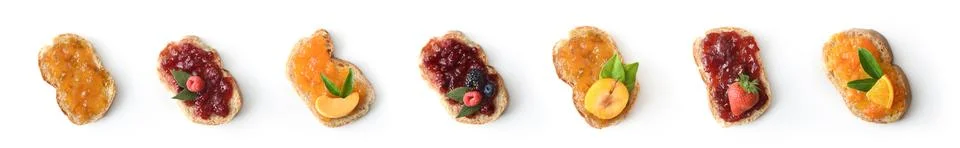Set of bread toasts with various fruit jam decorated Stock Photos