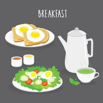Set of Breakfast, bread, fried egg, salad and green tea. Cartoon Vector. Stock-Illustration
