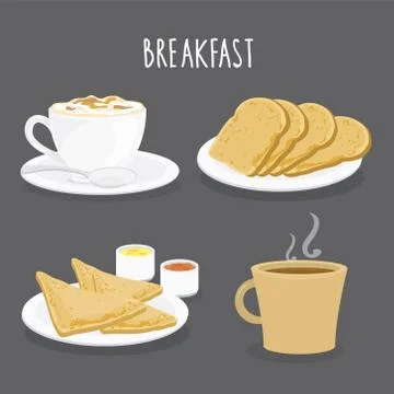 Set of Breakfast, Coffee and Bread Toast. Cartoon Vector Illustrazione stock