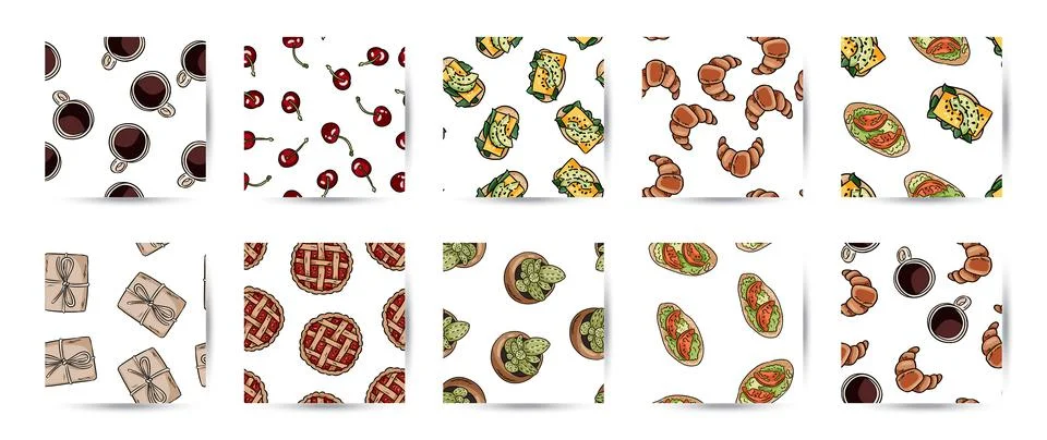 Set of breakfast doodles seamless patterns. Cute cartoon tasty croissants and Stock Illustration