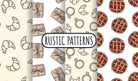 Set of breakfast doodles seamless patterns. Cute cartoon tasty croissants and Stock Illustration