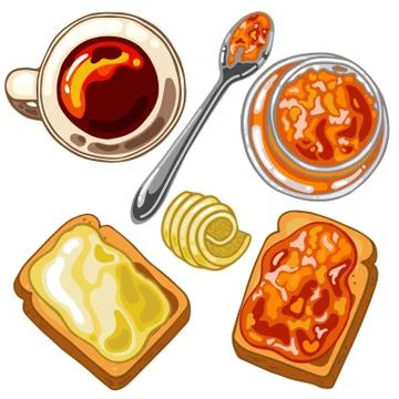 Set with breakfast food: toast bread, jam and butter Stock Illustration