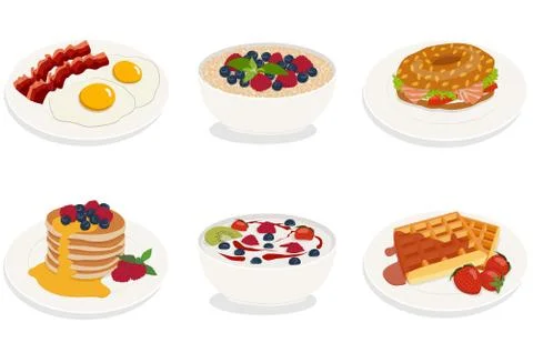 Set of breakfast menu items isolated. Fried eggs with bacon, cereals, bagel Stock Illustration